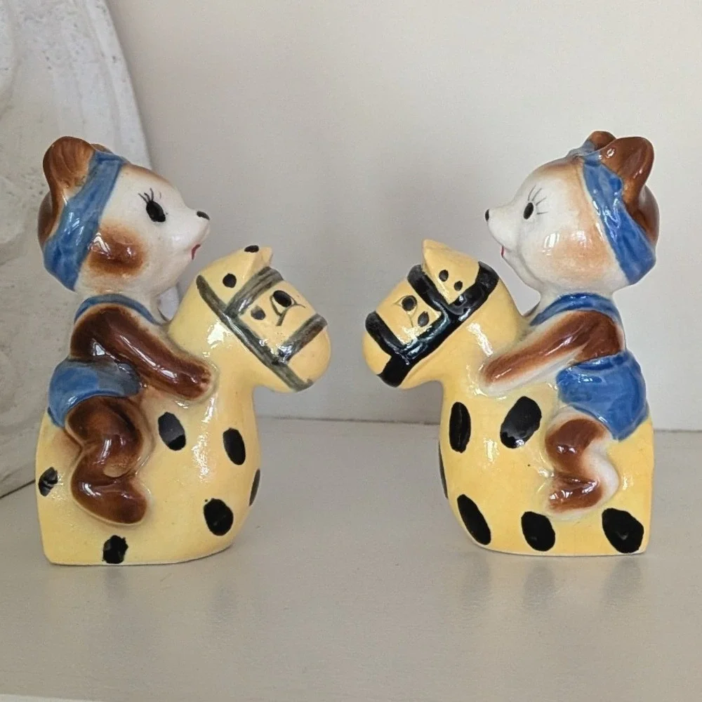 Vintage Japan Anthropomorphic Bears on Horse Floaties Salt and Pepper Shaker Set